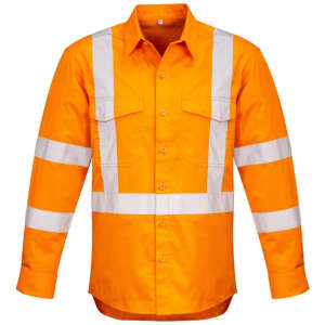 A long sleeve work shirt in bright orange with reflective white stripes and pockets, featuring a logo.