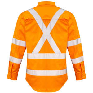 A men's long sleeve shirt in bright orange with reflective X-back taping and a logo.