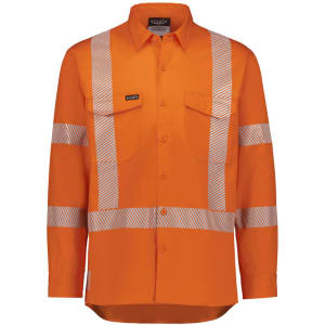 Hi-vis orange shirt featuring segmented reflective tape across the chest and arms, with two front pockets and a logo.