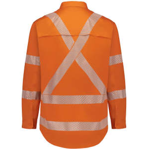 A long-sleeved men's hi-vis shirt in orange with segmented reflective tape in an X pattern on the back.