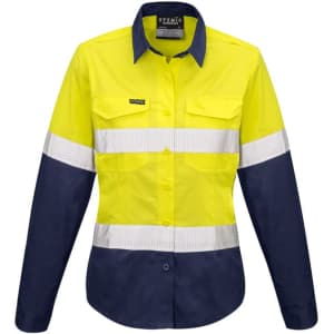 A long sleeve work shirt in bright yellow and navy, featuring reflective tape and a logo on the chest.