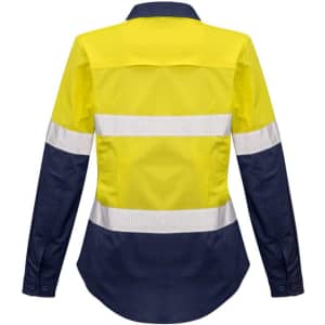 A long-sleeve shirt featuring a navy base with bright yellow panels and reflective strips, designed for visibility.