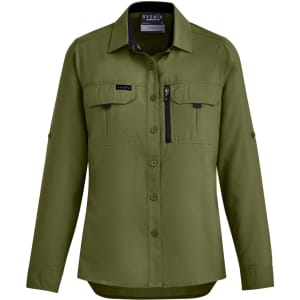 A women's long sleeve button-up shirt in olive green, featuring two front pockets and a zippered pocket, with branding.