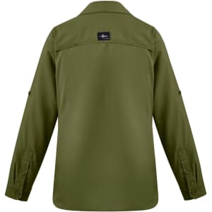 A women's outdoor long sleeve shirt in olive green, featuring button-up design and a logo on the back.