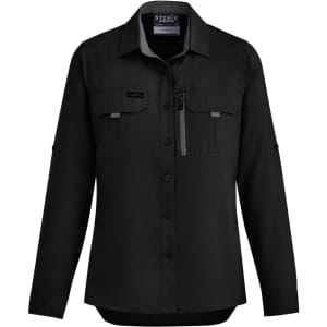 A women's long sleeve button-up shirt in black featuring two chest pockets and a zippered pocket. It has a logo on the front.