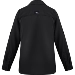 A black long sleeve button-up shirt for women, featuring a collar and a logo on the back.