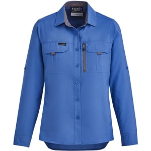 A blue women's outdoor long sleeve button-up shirt featuring two front pockets and a logo.