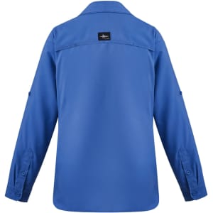 A blue long sleeve women's outdoor shirt with a button-up design and a logo on the back.