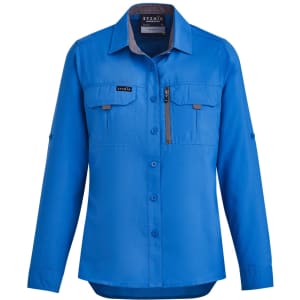 A blue women's outdoor long sleeve button-up shirt with a chest pocket and branding.