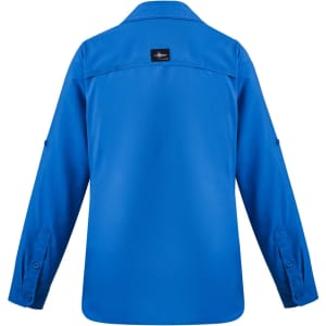 A long sleeve button-up shirt in bright blue, featuring a logo on the back.