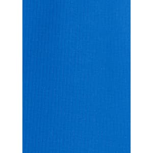 A vibrant blue fabric texture of a women's long sleeve button-up shirt. The design includes a logo.