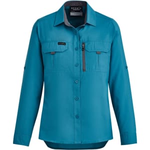 A teal long sleeve women's button-up shirt featuring side pockets and a logo on the chest.