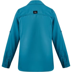 A long sleeve women's button-up shirt in teal, featuring a collar and looped sleeves. It has a logo on the back.