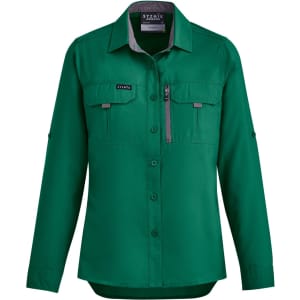 A women's long sleeve button-up shirt in green with two chest pockets and a zip pocket, featuring a logo.