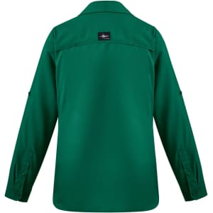 A green long sleeve women's outdoor shirt with a button-up design and a logo on the back.