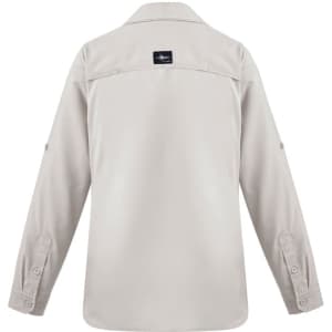 A light grey women's long sleeve outdoor shirt with a button-up design and a logo on the back.