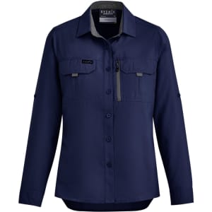 A navy long sleeve button-up shirt for women featuring pockets and a logo.
