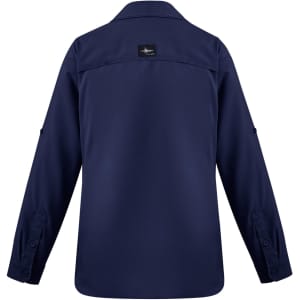A women's long sleeve button-up shirt in navy, featuring a logo on the back and button cuffs.