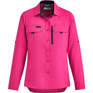 A pink women's outdoor long sleeve button-up shirt with a chest pocket and a logo.