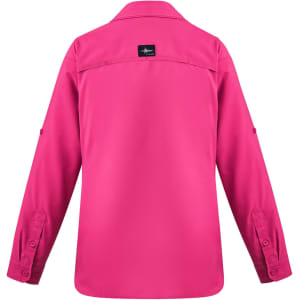 A pink women's outdoor long sleeve button-up shirt featuring a logo on the back.