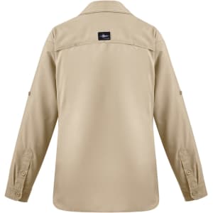 A tan women's outdoor long sleeve button-up shirt with a back yoke and a brand logo.