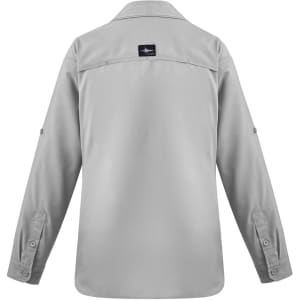 A women's long sleeve button-up shirt in grey, featuring a logo on the back.