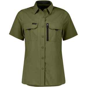 A short sleeve women's outdoor shirt in olive green with two front pockets and a logo.