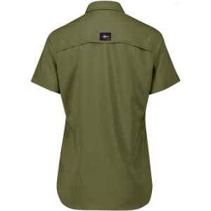 A short-sleeve women's outdoor shirt in olive green with a logo on the back.