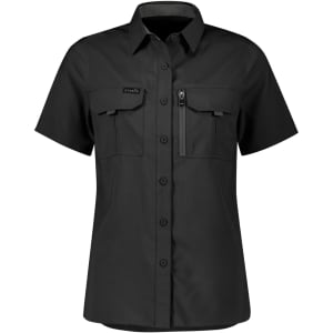 A black women's outdoor short sleeve shirt featuring a button-up front and multiple pockets, including a zippered one.