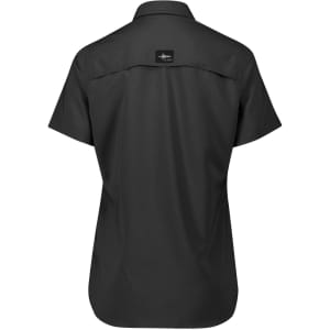 A women's short sleeve shirt in black, featuring a logo on the back and a collared design.