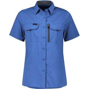 A short sleeve women's outdoor shirt in blue, featuring two front pockets and a logo.