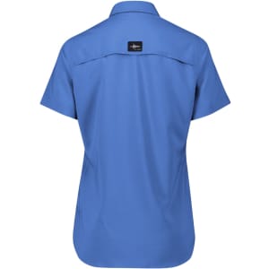 A short sleeve women's outdoor shirt in a light blue colour with a logo on the back.