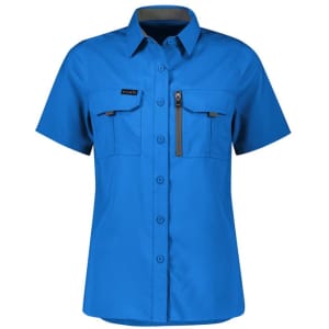 A blue short sleeve shirt with a zippered pocket and two chest pockets, featuring a logo.