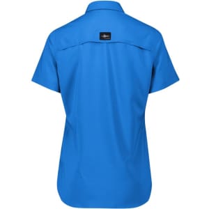 A blue women's outdoor short sleeve shirt with a back yoke and a logo on the upper back.