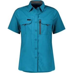 Teal short sleeve women's outdoor shirt with a collar and front pockets, featuring a logo.