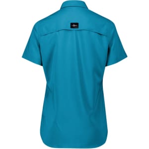 A turquoise short sleeve shirt with a collared design and a logo on the back.