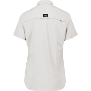 A light grey women's outdoor short sleeve shirt featuring a back yoke and logo on the upper back.