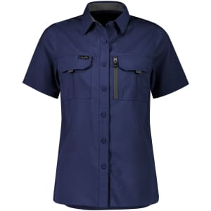 A women's short sleeve shirt in navy blue with two front pockets and a zipper pocket, featuring a logo.