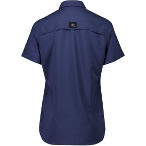 A women's outdoor short sleeve shirt in navy blue with a collar and a logo on the back.