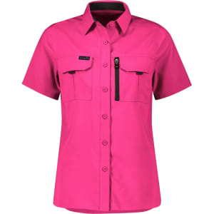 A pink short sleeve shirt with a button-up front and two chest pockets, featuring a zippered pocket and a logo.