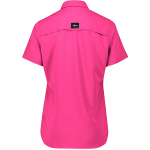 A short sleeve women's outdoor shirt in bright pink with a logo on the back.