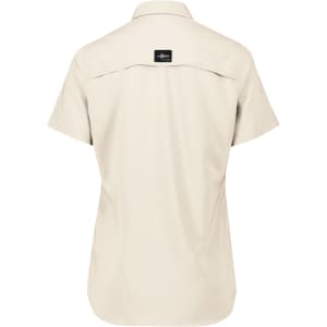 A short sleeve women's outdoor shirt in beige with a logo on the back.