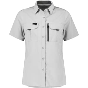 A light grey women's outdoor short sleeve shirt with two front pockets and a small zip pocket. It features a logo.
