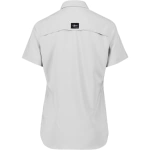 A women's outdoor short sleeve shirt in light grey, featuring a logo on the back and a classic collar design.