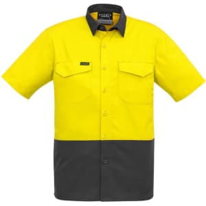 Hi-vis short sleeve shirt in yellow and grey, featuring two chest pockets and a logo. Suitable for workwear.