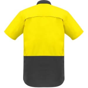 A short sleeve shirt featuring a bright yellow upper and dark grey lower section, with a logo on the back.