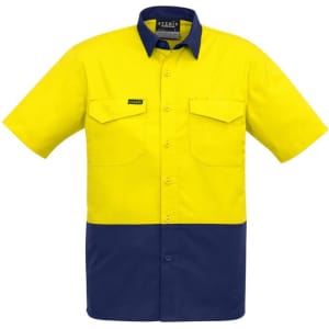 A short sleeve shirt in high visibility yellow and navy blue, featuring two front pockets and a logo.