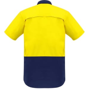 A short sleeve work shirt in vibrant yellow and navy, featuring a back vent for ventilation and a logo on the front.