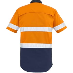 A short sleeve shirt featuring a vibrant orange upper with navy blue lower sections and reflective tape bands.