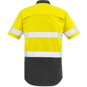 A yellow and black short sleeve shirt with reflective tape, featuring a logo on the upper back.